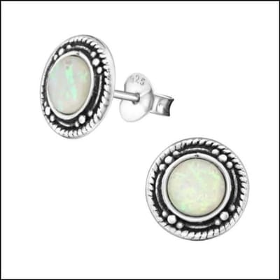 Aramat Jewels | Oorbellen | 925 Zilveren Bali Oorbellen Rond - Etnisch Design | Wit Opaal/9mm | | | Zilver | Kinderen, Volwassenen | Verkleurd niet