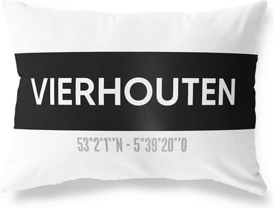 Tuinkussen VIERHOUTEN - GELDERLAND met coördinaten - Buitenkussen - Bootkussen - Weerbestendig - Jouw Plaats - Studio216 - Modern - Zwart-Wit - 50x30cm