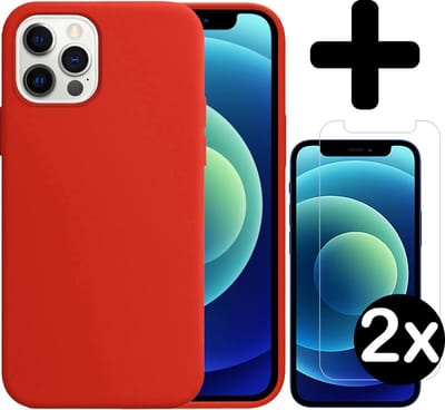 Hoesje - Met 2x Screenprotector - Geschikt voor Apple iPhone 12 Pro - Sterk & Shockproof - Telefoon Hoes - Back Cover - Siliconen Case - Telefoonhoes - Rood