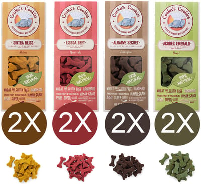Cooka's Cookies Gezonde hondenkoekjes met superfoods 8x100g - 4 verschillende soorten (2x100g "Sintra Bliss" met kurkuma, 2x100g "Lisboa Beet" met rode biet, 2x100g "Porto Spirit" met spirulina, 2x100g "Algarve Secret" met johannesbrood, banaan) 8st