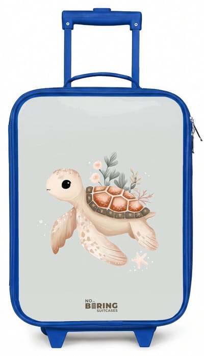 NoBoringSuitcases.com® - Kinderkoffer blauw - Kindertrolley jongen - Bruine zeeschildpad in pastel onderwaterwereld - Koffer kind lichtgewicht - Reiskoffer trolley voor kinderen - Koffertje met lichtgevende wieltjes - Rolkoffer