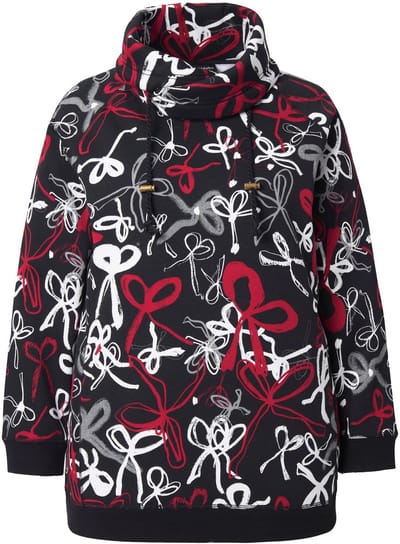 Ulla Popken - Dames - Sweatshirt scribble-patroon opstaande kraag lange mouwen - Zwart - Maat 46+