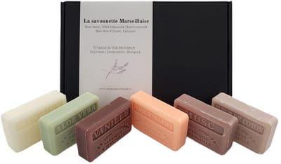 Soap bar cadeauset savon de marseille zeep Vanille, Sinaasappelbloesem, Muguet, Musc, Fleur de coton, Aloë vera 6x125 gr. moederdag geschenkset