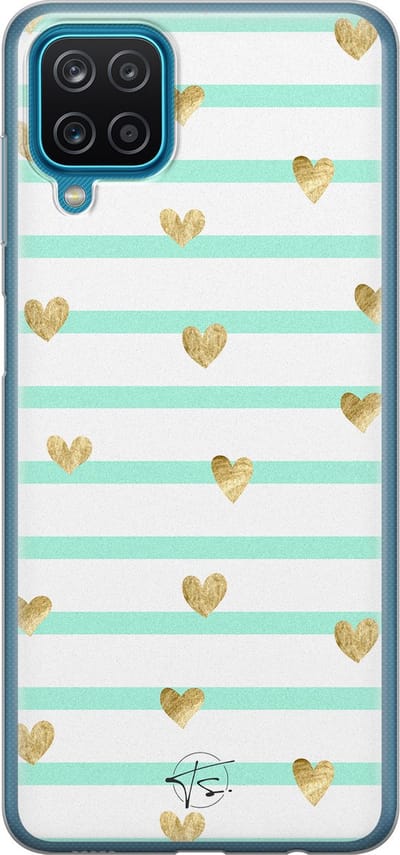 Hoesje geschikt voor Samsung Galaxy A12 - Mint hartjes - Soft Case - TPU - Print - Blauw - Mooie Telefoonhoesjes
