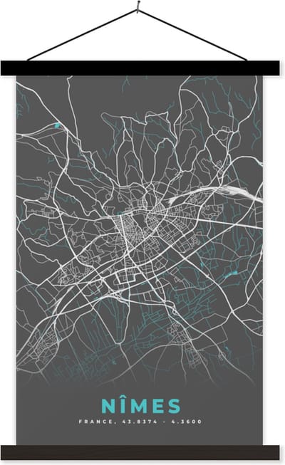 Posterhanger incl. Poster 40x60 cm - Schoolplaat - Frankrijk - Stadskaart - Kaart - Plattegrond - Nîmes - Textielposter - Zwarte latten - Stadskaart