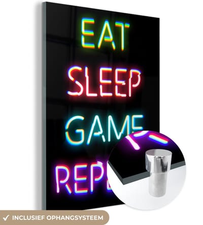 MuchoWow® Glasschilderij 120x160 cm - Schilderij acrylglas - Gaming - Led - Quote - Eat sleep game repeat - Gamen - Foto op glas - Schilderijen