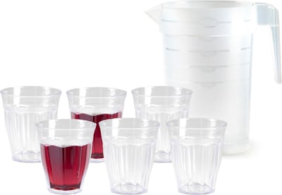 Plasticforte Sapkan/schenkkan karaf met deksel - 2 liter - met 6x drinkglazen 250 ml - kunststof - transparant