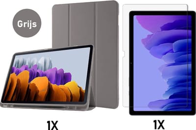 Casemania Hoes Geschikt voor Samsung Galaxy Tab S8 Plus - S7 FE & Tab S7 Plus Grijs & Glazen Screenprotector - Tri Fold Tablet Case - Smart Cover