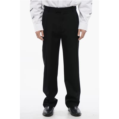 Dubbelgeplooide wollen broek met hoge taille in zwart