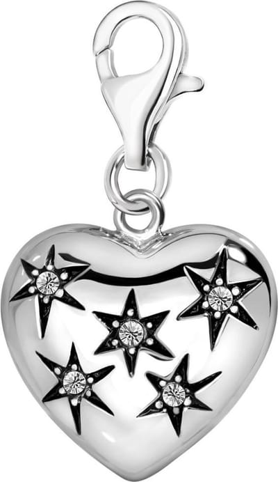 Quiges – Charm – Hanger - 3D Hart met Sterren - Verzilverd - karabijnslot - geschikt - voor - Bedelarmband - QHC057