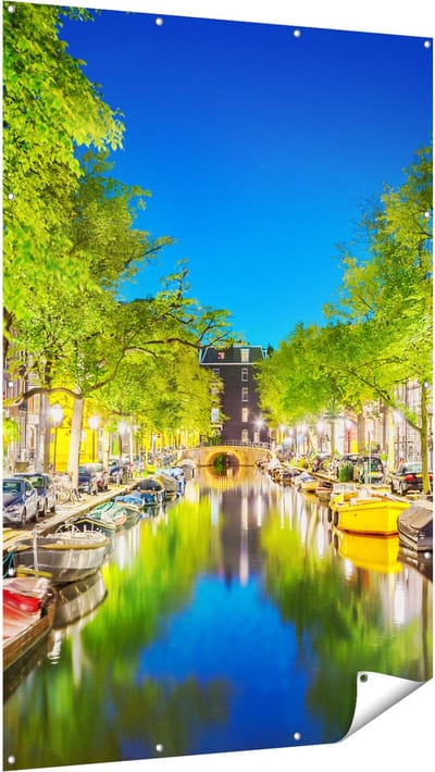 Gards Tuinposter Amsterdamse Gracht in de Nacht - 120x180 cm - Tuindoek - Tuindecoratie - Wanddecoratie buiten - Tuinschilderij