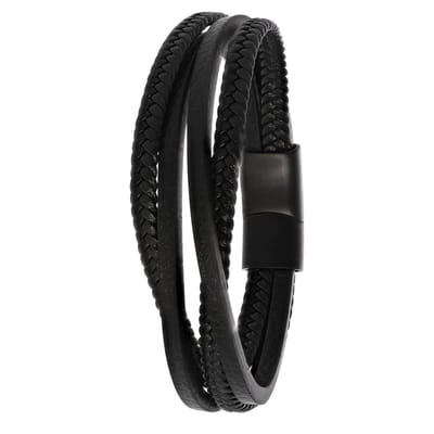 Lucardi Heren blackplated armband gevlochten leer - Staal - Armband - Vaderdag Cadeautje - 19 cm - Zwart