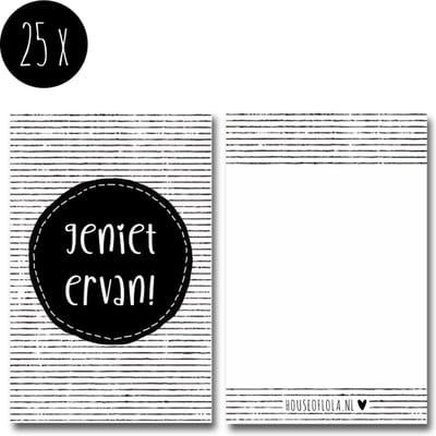 25x Minikaartje / kleine kaartjes | GENIET ERVAN | 85 x 55 mm | voor bij wijn, chocola, boek of ander cadeau