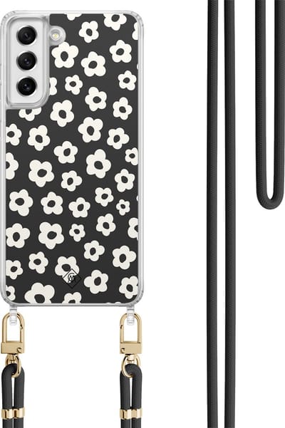 Casimoda® hoesje met koord - Geschikt voor Samsung S21 FE - Retro Bloempjes - Afneembaar koord - TPU/polycarbonaat - Zwart