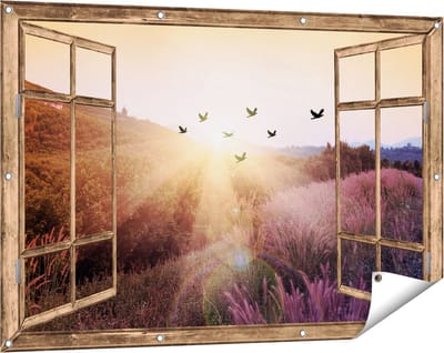 Gards Tuinposter Doorkijk Silhouet Zwerm Vogels bij Zonsondergang - 120x80 cm - Tuindoek - Tuindecoratie - Wanddecoratie buiten - Tuinschilderij