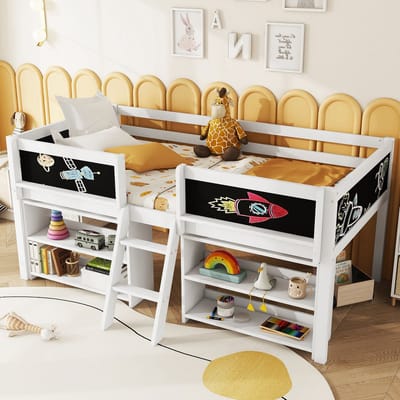 STILVORA Halfhoog Bed 90x200 cm – Bed Met Opbergvakken – Met Veiligheidshek En Ladder – Met Tekentablet – Voor Kinderkamer – Hout – Zonder Matras – Wit