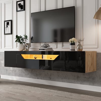 TV-Meubel - 180x37x36 cm - Met 3 Vakken en LED - Wandmontage - Hoogglans - Zwart/Naturel