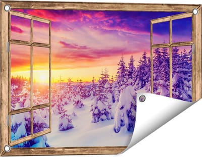 Gards Tuinposter Doorkijk Zonsondergang in het Sneeuw Bos - 60x40 cm - Tuindoek - Tuindecoratie - Wanddecoratie buiten - Tuinschilderij