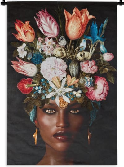 Wandkleed - Wanddoek - Vrouw - Bloemen - Kleurrijk - 60x90 cm - Wandtapijt