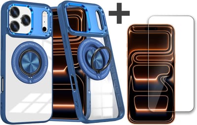 Hoesje Geschikt voor iPhone 17 Pro Max Arara hoesje voor Magsafe Transparant hard case - kickstand Draaibare Ring Houder met screenprotector - Blauw
