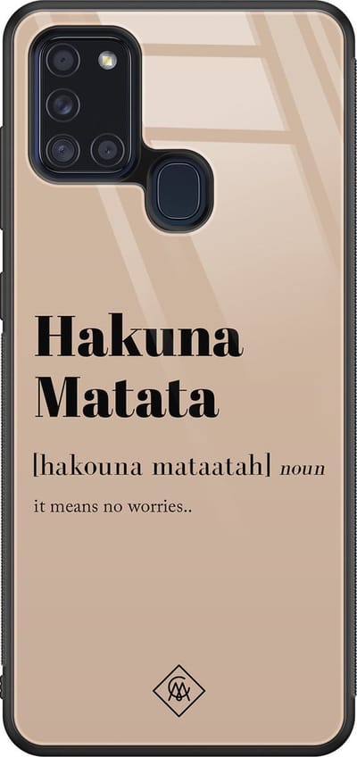 Casimoda® hoesje - Geschikt voor Samsung Galaxy A21s - Hakuna Matata - Luxe Hard Case Zwart - Backcover telefoonhoesje - Bruin/beige