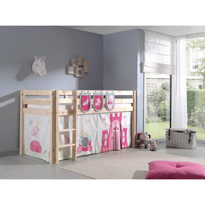 LUCEVI - Pino Halfhoogslaper + Ladder + Princess Gordijntjes + 3 Zakjes - Bruin - 90x200 cm