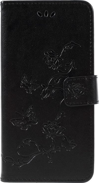Shop4 - Geschikt voor Samsung Galaxy A7 (2018) Hoesje - Wallet Case Bloemen Vlinder Zwart