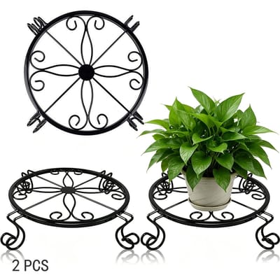 Plantenstandaard Metaal - 2 Stuks - Zwarte Bloempot Houder voor Binnen en Buiten - Verhoogde Plantenhouder voor Tuin Balkon Woonkamer en Terras - Draagkracht tot 30 kg