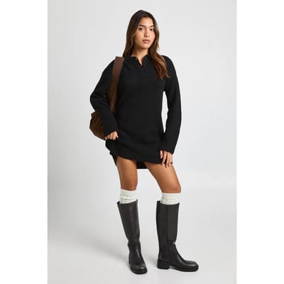 boohoo Dames Kraagdetail Oversized Rugby Gebreide Mini Jurk | Zwart | Maat: Small