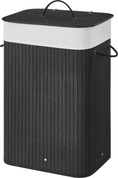 ACAZA Wasmand Met Deksel - 72 L - Bamboe - Wasbare Katoenen Waszak - Handvatten - 40 x 30 x 60 cm - Zwart