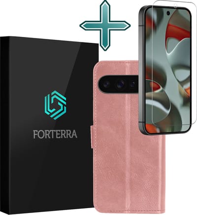 Hoesje Met Screenprotector - Geschikt voor Google Pixel 9 Pro XL - Luxe Pasjeshouder - Flipcase - Bookcase Portemonee - Flip Case - Kunstleer Book Case - Book Cover - Walletcase - Portemonneehoes - Rosé goud
