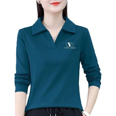 Effen Kleur Revers T-shirt voor Dames met Lente en Herfst Dameskleding Nieuw Lange Mouwen Basis Shirt Top 5XL