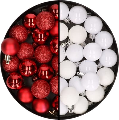 Kleine kunststof kerstversiering 40x stuks set en 3 cm kerstballen in het wit en rood - Voor kleine kerstbomen
