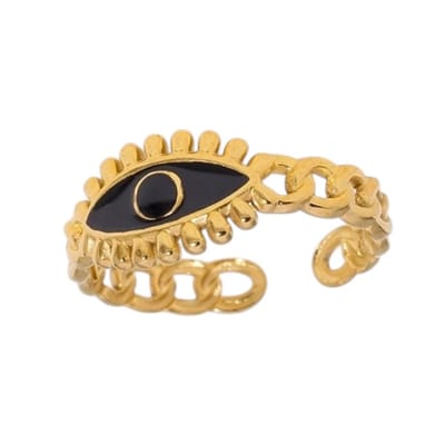 Aramat Jewels | Ringen | Goudkleurige Verstelbare RVS Ring met Zwart Emaille Boze Oog - 9 mm | | | |9mm | Staal | Volwassenen | Verkleurd niet