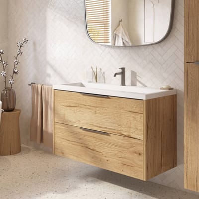 Saqu Lima ondiep badmeubel incl. glans witte wastafel 80x40x64cm eiken marcato – gunmetal greep