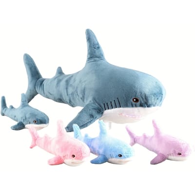 Reusachtig Haai Knuffeldier - 55 cm Moeder Haai Knuffel Met 4 Baby Haai Knuffels Binnenin Rits Buik Voor Kinderen Cadeaus blauw
