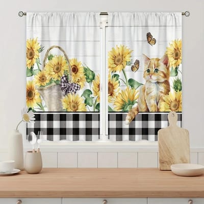 2 stuks Nieuw Modern Fris Geruit Zonnebloem Digitaal Gedrukt Huisdecoratie Keuken Korte Raamgordijnen voor Slaapkamer Woonkamer W60xH100(CM)x2pcs&Hook