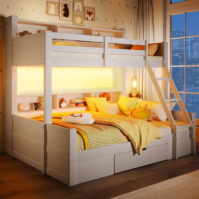 COVREO Stapelbed met ladder en bedgitter – Kinderbed met LED – Met opbergruimte en lade – 205x167x174,5 cm – Wit - zonder matras