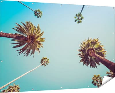 Gards Tuinposter Palmbomen met Bladeren in de Lucht - 180x120 cm - Tuindoek - Tuindecoratie - Wanddecoratie buiten - Tuinschilderij