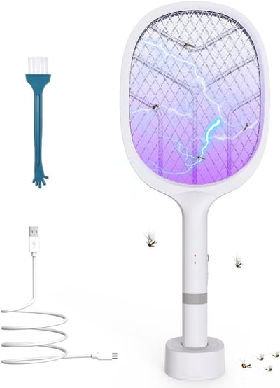 SnelShoppen - Elektrische Vliegenmepper 2-in-1 Mosquito Killer met UV Loklamp & Oplaadstation - USB Oplaadbare Vliegenmepper voor Binnen, Tuin, Feest,