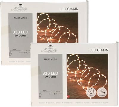 Anna's Collection Draadverlichting lichtsnoer - 2x - 330 leds - warm wit - zilver draad - 500 cm - lichtdraad - kerstverlichting
