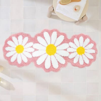 Famanu – Roze badkamertapijten madeliefje schattige bloem badkamer loper tapijt bloemen antislip badmat absorberend microvezel tapijt lang tapijt roze decoratie voor bad 60 x 130 cm
