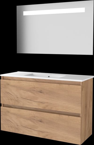 Basic-Line Economic 39 Badkamermeubelset - Ondiep - 100 x 39 cm - Greeploos - 2 Lades - Keramische Wastafel - 1 Kraangat - Spiegel met LED Verlichting - Whisky Oak