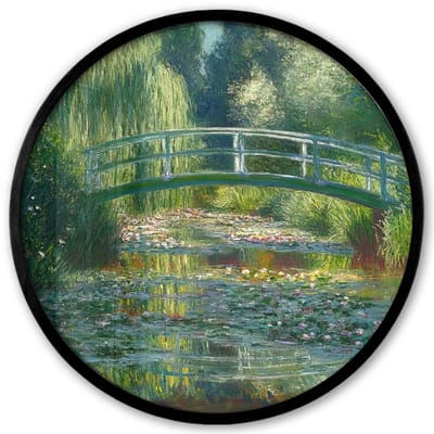 Poster in lijst Rond - Fotolijst 40x40 cm - Posters - Brug - Hout - Vijver - Waterlelies - Ronde posterlijst zwart - Decoratie - Wanddecoratie woonkamer - Muurdecoratie slaapkamer