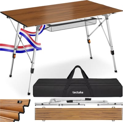 tectake® Campingtafel - 120 x 70,5 x 58 - 79 cm - Klaptafel van Aluminium - Oprolbaar xxl-tafelblad - Vouwtafel - Reistafel - Tuintafel - Weerbestendig - In hoogte verstelbaar - Draagtas - Inklapbaar - Houtlook