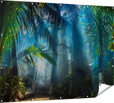 Gards Tuinposter Dichtbegroeide Jungle met Zonnestralen - 160x120 cm - Tuindoek - Tuindecoratie - Wanddecoratie buiten - Tuinschilderij