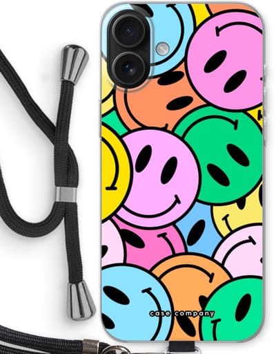 Case Company® - Hoesje met koord geschikt voor iPhone 16 Plus hoesje met Koord - Smiley N°1 - Telefoonhoesje met Zwart Koord - Bescherming aan alle Kanten en Over de Schermrand