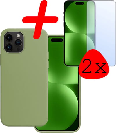Hoesje Met 2x Screenprotector - Geschikt voor Apple iPhone 15 Pro - Sterk & Shockproof - Back Cover - Siliconen Case - Telefoon Hoes - Groen