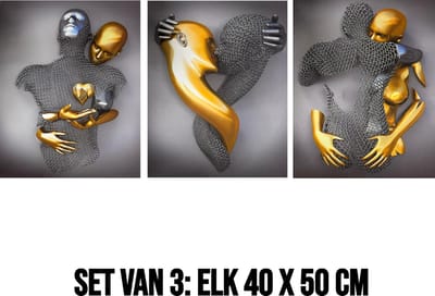 Allernieuwste.nl® Canvas Schilderij 3-Luik Koppel Goud en Zilver 3x 40x50 cm – Romantische Muurdecoratie – Wanddecoratie – Metal Love