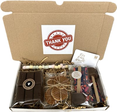Bedankt choco brievenbus cadeau - chocoladestick - chocolade - marshmallows - stroopwafels